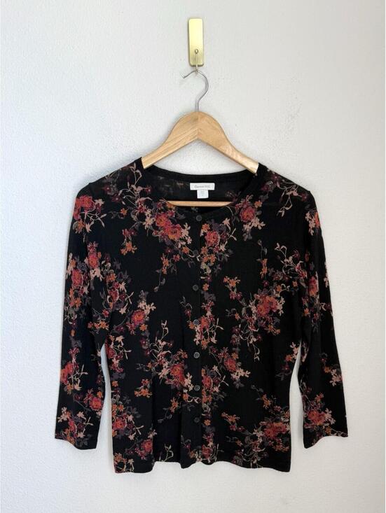 Garnet Hill Sweaters - Garnet Hill 100% Merino Wool Floral Cardigan Sweater Women’s Small Black Spring